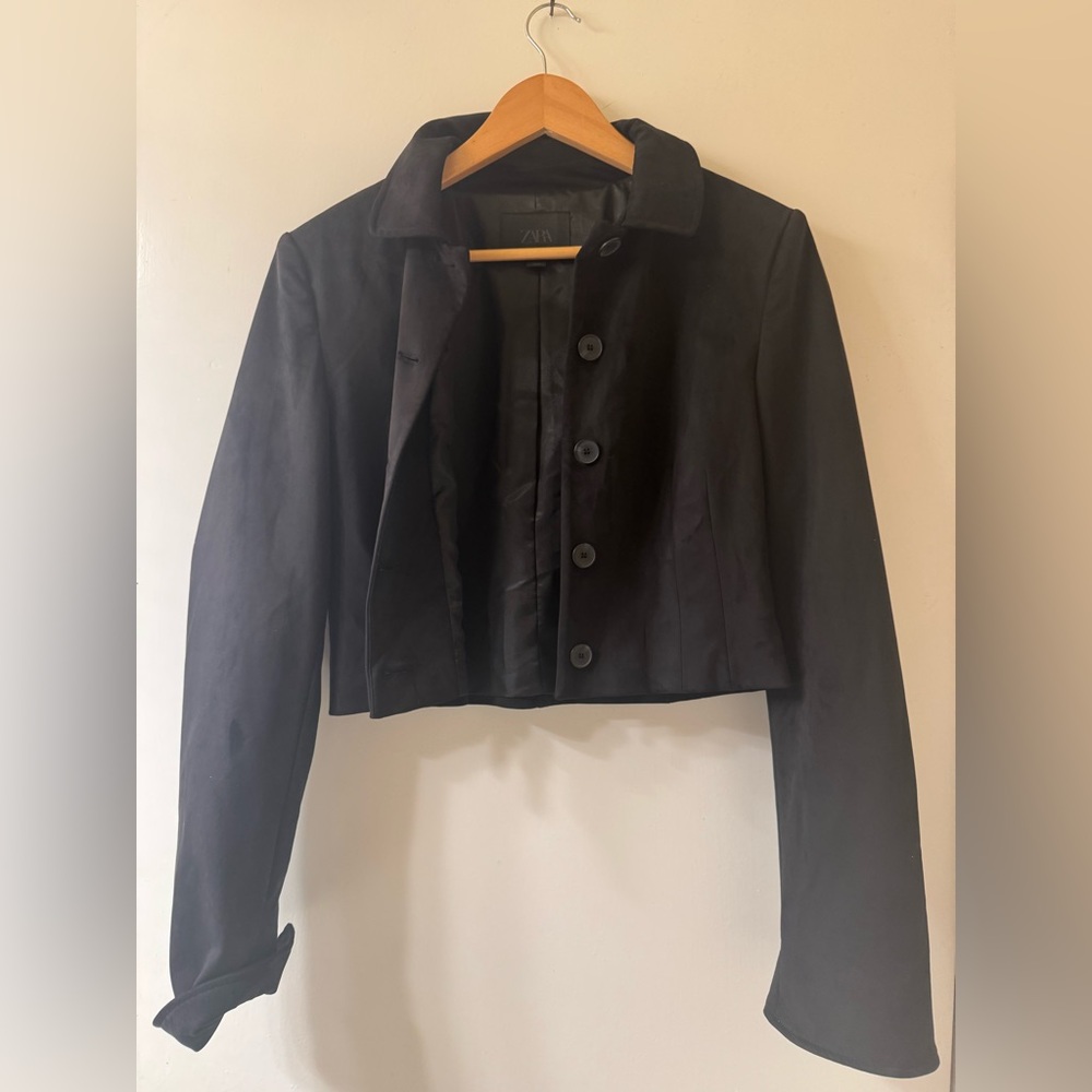 ZARA Black Cropped Faux Suede Blazer Size Small Tailored Jacket